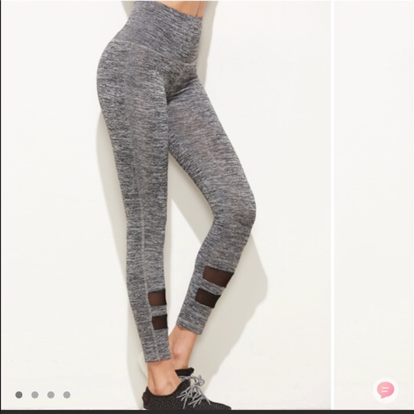 #GREY MARLED HI-WAIST LEGGINGS W/MESH PANEL DETAIL - Picture 2 of 7